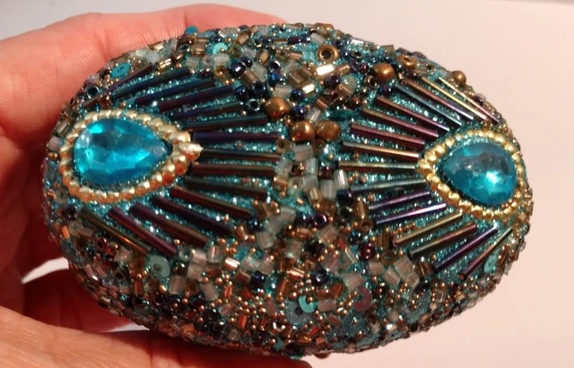 Cracker Barrel Blue Beaded Peacock Trinket Box, Oval, NEW