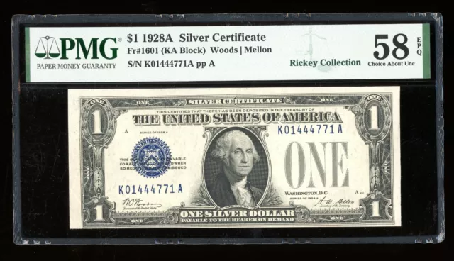 DBR 1928-A $1 Silver Funnyback Fr. 1601 KA Block PMG 58 EPQ Serial K01444771A