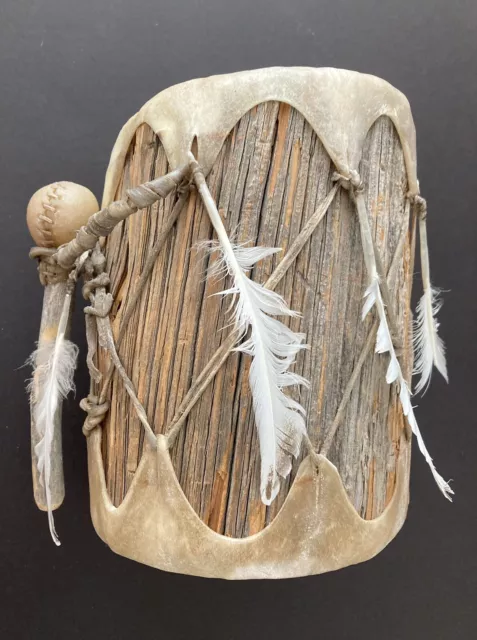 Antique Native American wood and rawhide ceremonial drum, w/ drumstick rattle