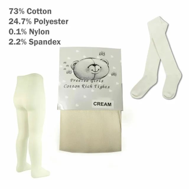1 2 Or 3 Pairs Of Girls Plain Tights Cotton Rich Tight School Tights Cream 4-13Y