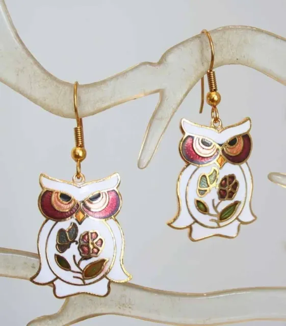 Mid Century Modern Genuine Cloisonne White Enamel Owl Earrings 1970s vintage