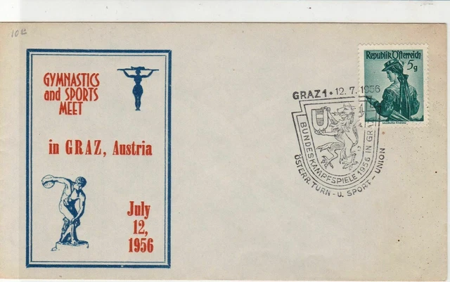 Austria 1956 Gymnastics + Sports Meet Slogan Crest Cancel Stamps Cover ref 22133