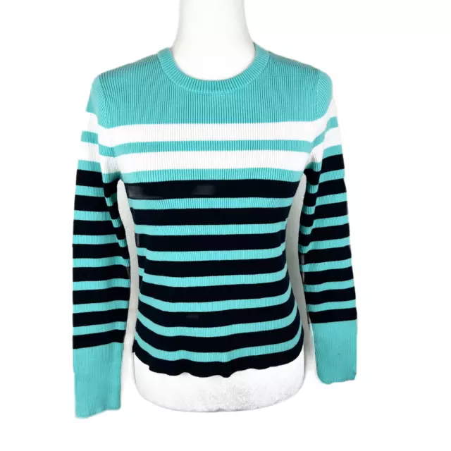 Tommy Hilfiger Sweater Women Medium Blue Striped Pullover Ribbed Knit Casual