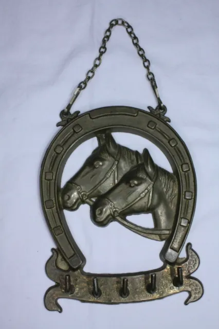 Brass Double Horse Head Horseshoe 5 Key Holder On Chain