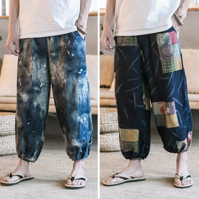 Pantalon ample confortable pour hommes imprimé coton lin matériau