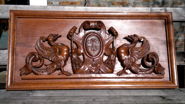 Antique 19thC French Gothic Armorial Griffin Carved Wall Panel Plaque 30.75"