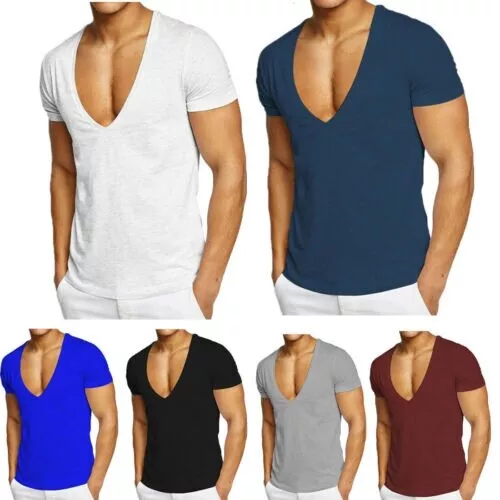 100% Cotton Men's Short Sleeve Deep V Neck T Shirt Slim Fit Clubwear Office Top〕