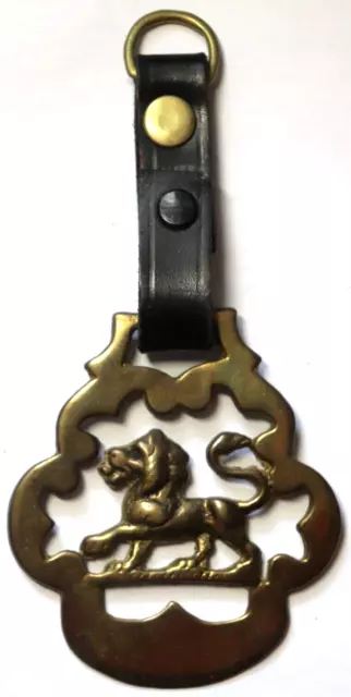 Vintage 6" Martingale Brass Leather LION Hanging Medallion HORSE Ornament A9