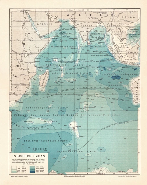 Indischer Ozean Meerestiefen historische Landkarte Lithographie ca. 1905 antik