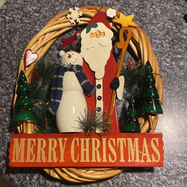 Vintage Christmas Wreath Wood And Wicker!  90’s Very Good. Santa And Snowman!