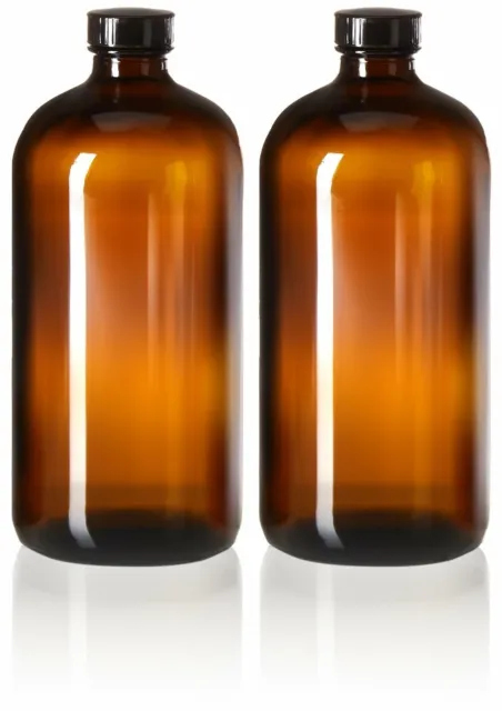2 Pack - 32oz Boston Round Amber Glass Growler - with Phenolic Poly Cap