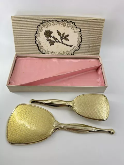 VTG Gold Demask Vanity Dressing Table Set Mirror Brush BOXED with Pink Lining