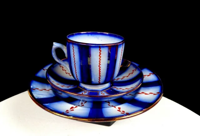 Gaudy Welsh Staffordshire Porcelain Wagonwheel 2.75" Cup & Saucer Trio 1820-