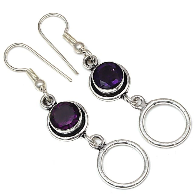 Amethyst Quartz Gemstone Unisex Women's 925 Silver Jewelry Earrings 1.5''