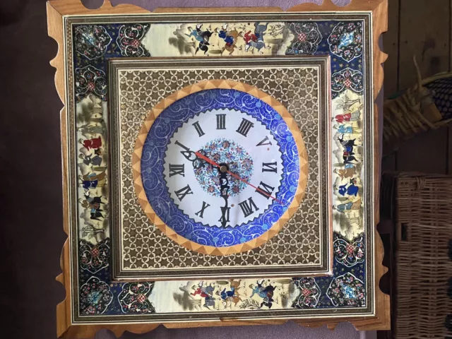 Khatam Handmade Clock Persian Marquetry Mosaic Inlaid & Hand Painted, Signed.