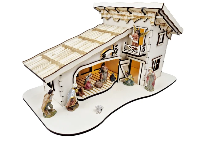 Belén De Navidad De Madera Con Luces LED - 9 Figuras Realistas Y Establo Con Musgo ¡Decoración Tradicional Con Encanto!