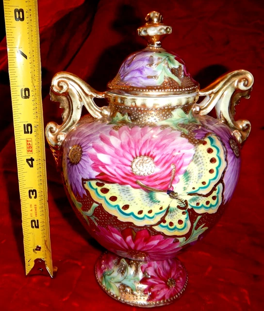 8" Tall Covered Urn Marked Nippon Oriental  China - (Blossoms & Butterflies)