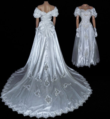 Wedding Dress White Vintage Satin Embellished Gown Alfred Angelo 80s Long Train