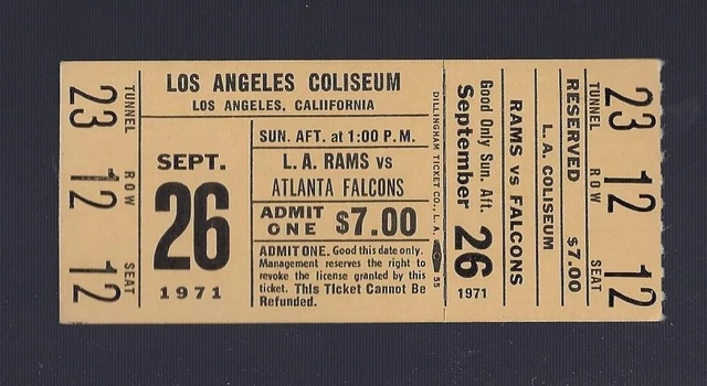 Vintage 1971 Nfl Atlanta Falcons @ Los Angeles Rams Full Ticket Roman Gabriel