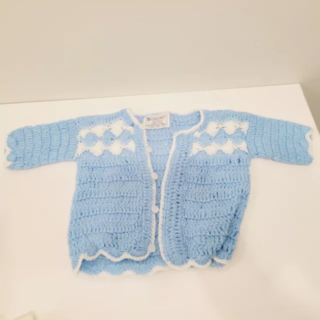 Vtg Hand Crocheted Infant Toddler Baby Blue and White Trim Sweater Doll Clothes