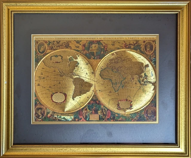✨ Vintage Gold World Map Henr Hondio Nova Totivs Terrarum Orbis 22.5" x 18.5"