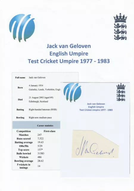 JACK van GELOVEN TEST CRICKET UMPIRE 1977-1983 original autograph signed cutting