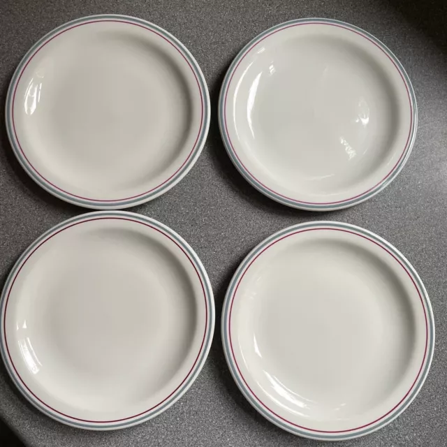 4 x Super Vitrified Churchill Hotelware plates Saucers  blue and red trim 7"
