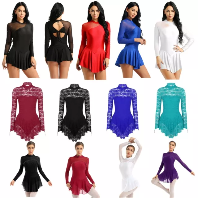 Women Girls Ice Skating Dress Long Sleeve Figure Roller Skating Dance Costume