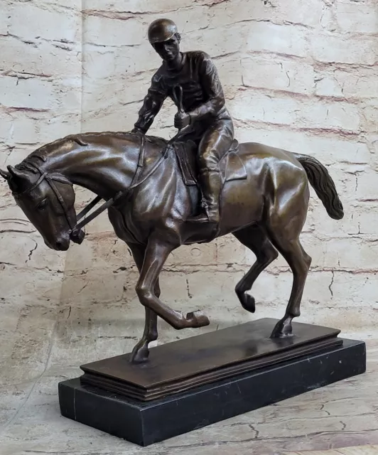 Horse Jockey Racing Derby FanThoroughbred Bronze Marble Statue Farm Barn Art