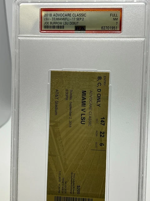 2018 Advocare Classic Tickets Joe Burrow LSU Debut & Win PSA 1 OF 1 RARE Bengals