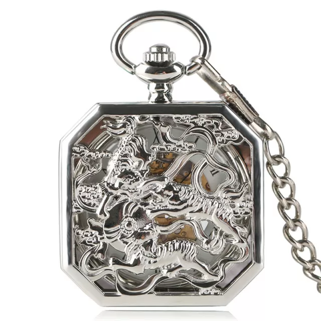 Mens Skeleton Pocket Watch Mechanical Hand Winding Retro Tiger Exquisite Chain