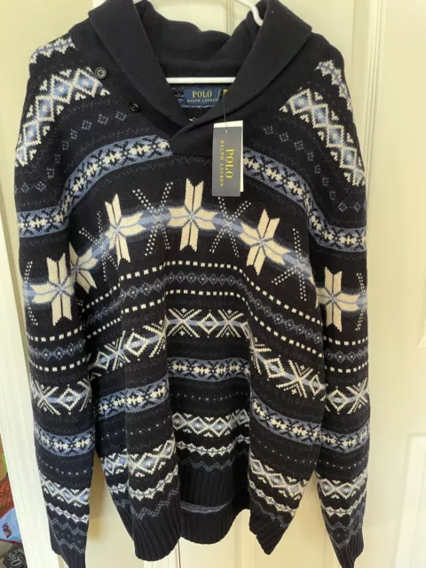 Polo Ralph Lauren Mens Fair Isle Shawl Collar Wool Blue Sweater XXL NWT