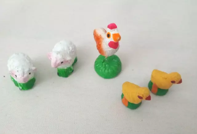 Miniature Chalkware Farm Animals Figures Doll House 1 Rooster 2 Chicks 2 Sheep
