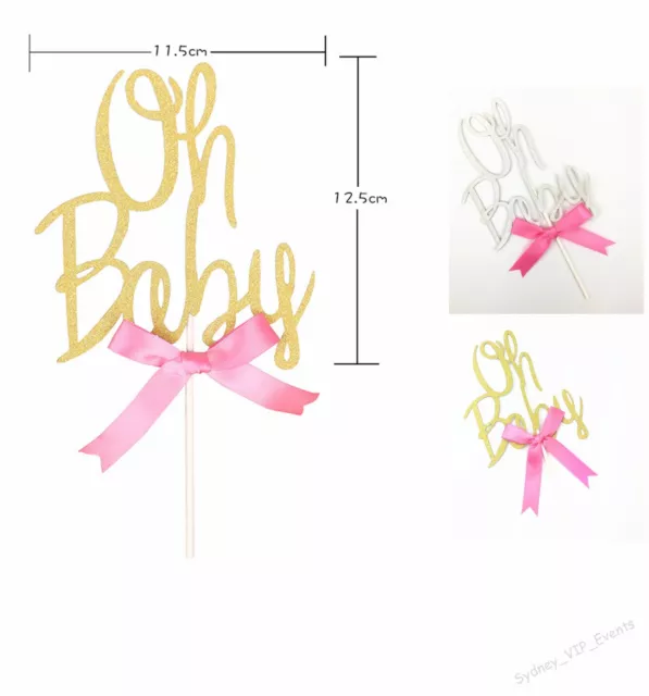 GLITTER GOLD SILVER CAKE TOPPER 'Oh Baby' BABY SHOWER PARTY GIRL PINK BOW DECOR