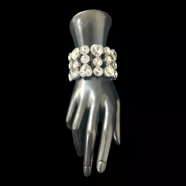 Chunky Clear Rhinestone Cuff Silver Tone Stretch Bracelet Hearts Statement Glam