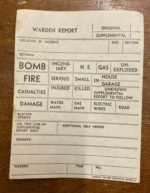 WWII US Home Front Warden Report Civil Defense Form WW2