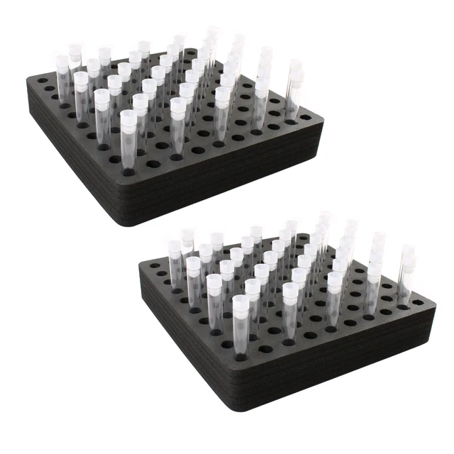 2 Test Tube Freezer Stands Transport Holds 100 Fits up to 16mm Black Foam Rack