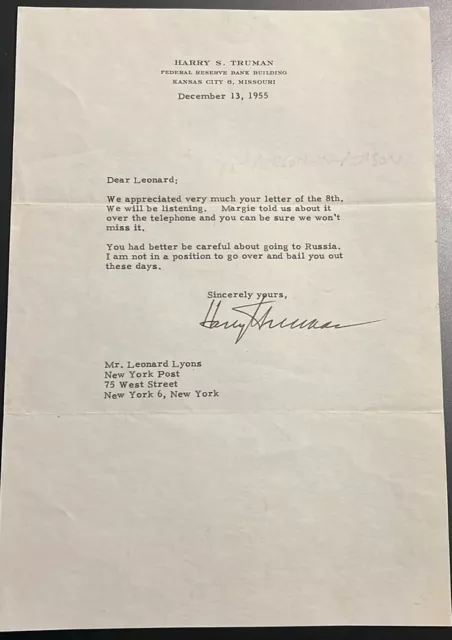 Harry Truman 1955 Typed Letter Signed - Great Content Joking About Russia