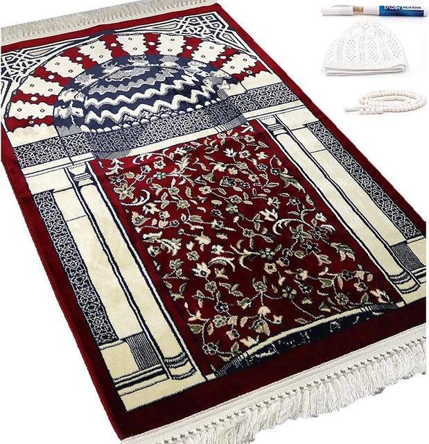Velvet Prayer Rug with Miswak, Kufi, Tesbih Thick Kilim Style Turkish Carpet Mus