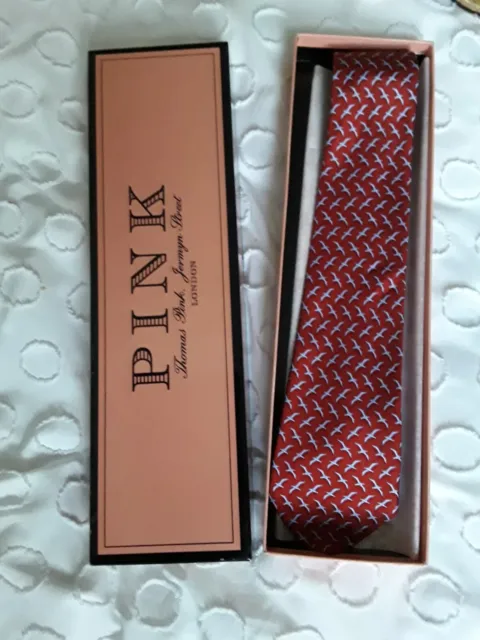 Thomas Pink Tie 100% Silk,  And Box Birds And Clouds design BRAND NEW