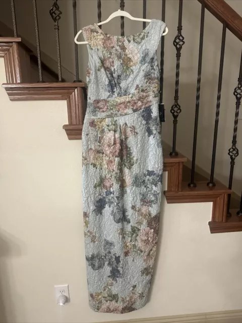 Adrianna Papell Sky Blue Jacquard Metallic Floral Matelasse Cocktail Gown 4 NWT