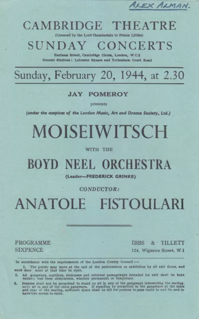 Concert Programme 1944 Cambridge Theatre Benno Moiseiwitsch Piano Beethoven 3