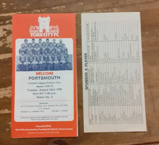 York City v Portsmouth 22 Aug 1978 Div 4 + Sponsor Player Form