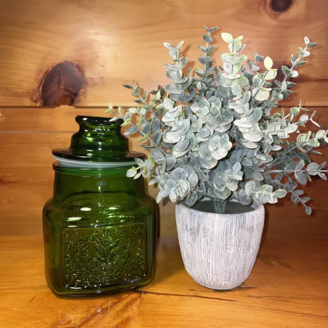 Vintage Wheaton NJ Green Glass Apothecary Lidded Jar Canister Fish & Dove Heart