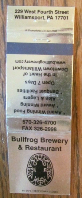 Bullfrog Brewery Brew Pub Matchbook Matchcover (Williamsport, Pennsylvania) -E1