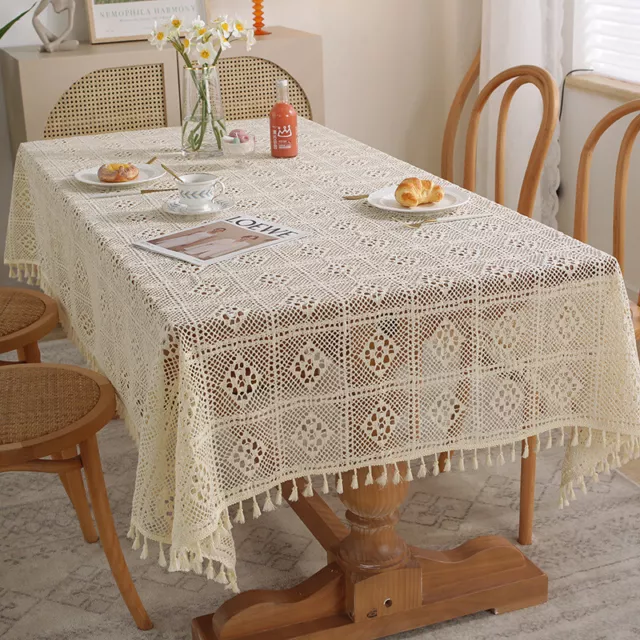 Vintage Crochet Lace Tablecloth Rectangular Hollow Doily Tassel Table Cover