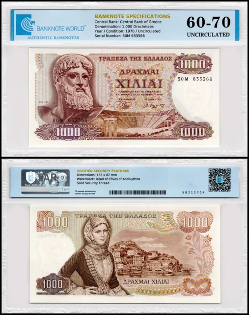 Greece 1000 Drachmai, 1970, P-198b, UNC, Authenticated Banknote