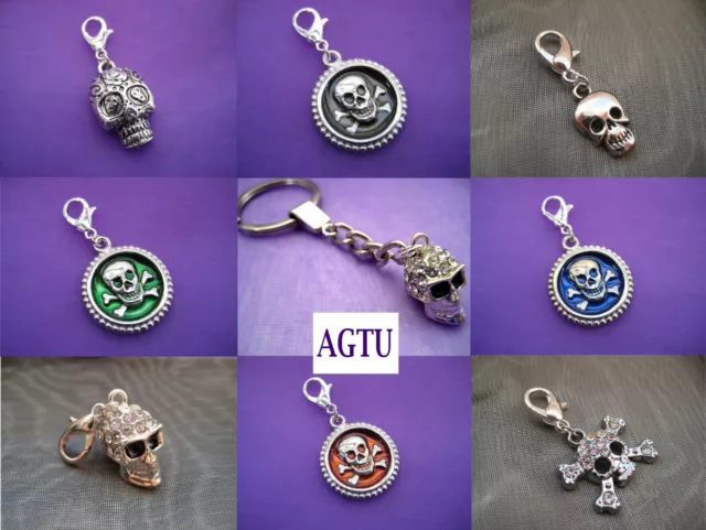 PICK SKULL Clip On Silver Skulls Pirate Gothic Charm KeyChain Keyring Gift AGTU