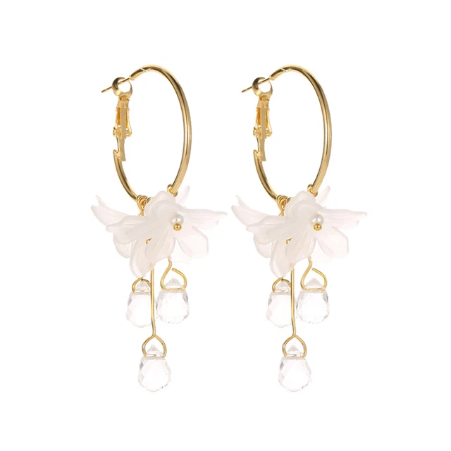 Long Post Earrings Sweet Temperament White Flower Crystal Pendant Metal Earrings