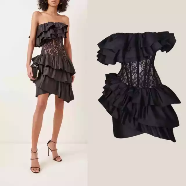 NWT Rasario Black Ruffle & Lace Corset Mini Dress, FR 38/US 6